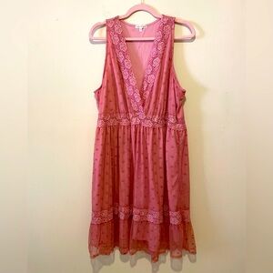 Curvy Sense Pink V-Neck Rose Lace Border, Lined Sleeveless Coquette Dress. Sz 4X
